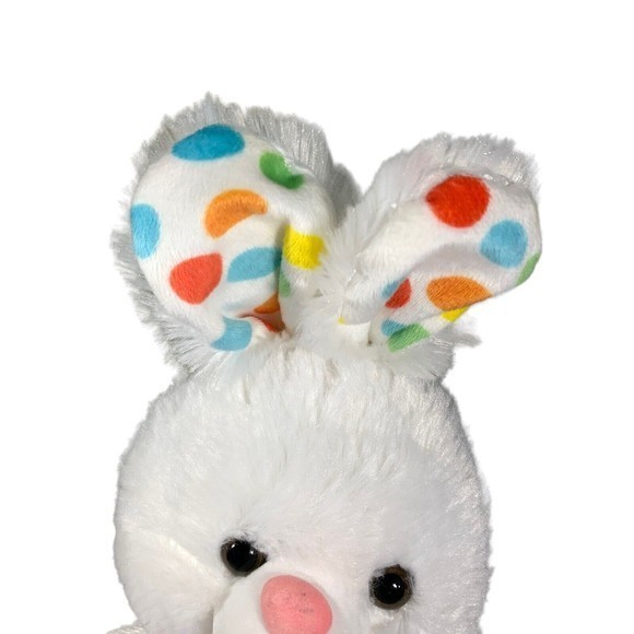 Megatoys‎ White Plush Rabbit Polka dots Rainbow Ribbon 14" Clean Soft￼ - Picture 2 of 8